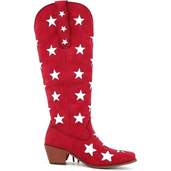 Women's Red Cowgirl Faux Suede Stars Block Heels Under the Knee High Boot - Picture 4 of 7